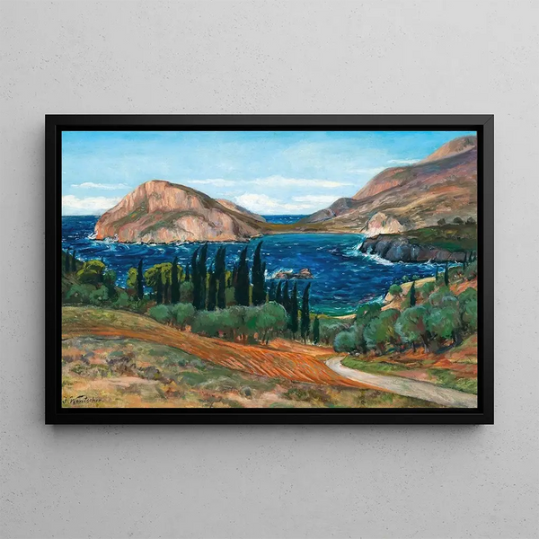 Greek Coastal Landscape Painting near Vlicho on Lefkada - Julius Wentscher — framed artwork on a wall