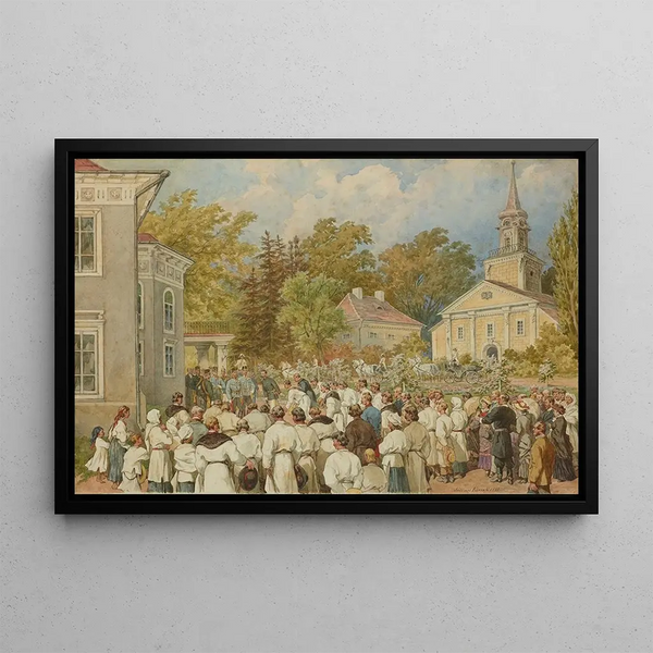Délégation de la commune de Krysowice remerciant l'empereur pour l'argent donné pour la construction de l'école - Juliusz Kossak — framed artwork on a wall