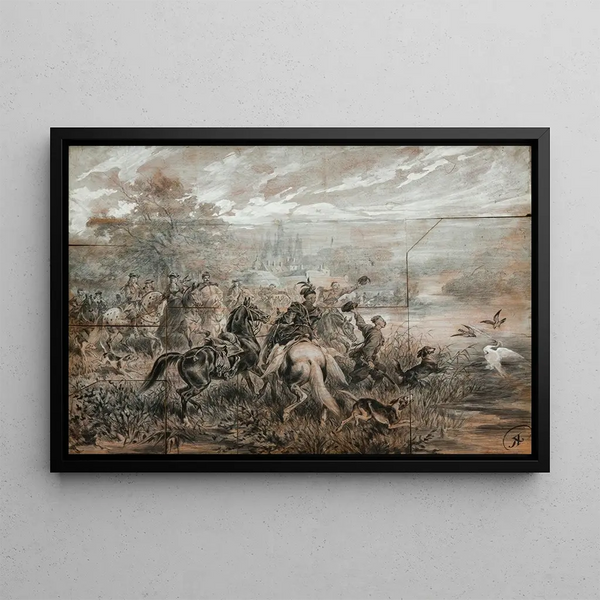 Hunting heron - Juliusz Kossak — framed artwork on a wall
