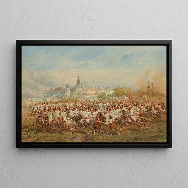 Honor Guard Cavalry Painting of Kraków accompanying the emperor during his walk through the meadows of Bonia - Juliusz Kossak — framed artwork on a wall