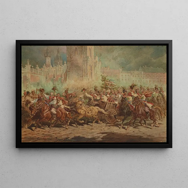 Wedding procession painting in Kraków in front of the emperor on the main market square of Kraków - Juliusz Kossak — framed artwork on a wall