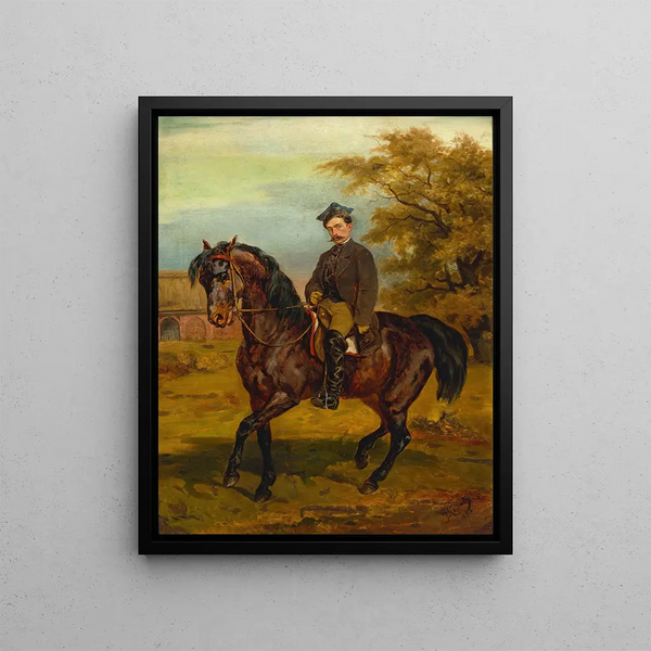 Portrait of a rider wearing a cap with a visor - Juliusz Kossak — framed artwork on a wall