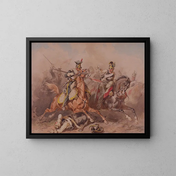 Escarmouche between lancers of the Vistula Legion and Russian cuirassiers - Juliusz Kossak — framed artwork on a wall