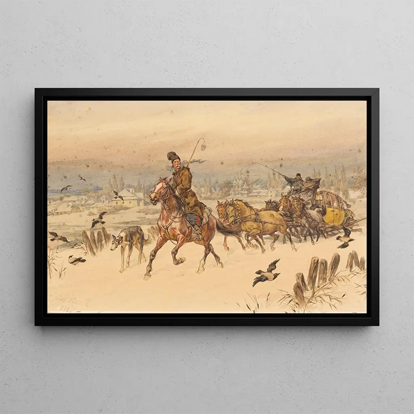 Promenade en traîneau - Juliusz Kossak — framed artwork on a wall