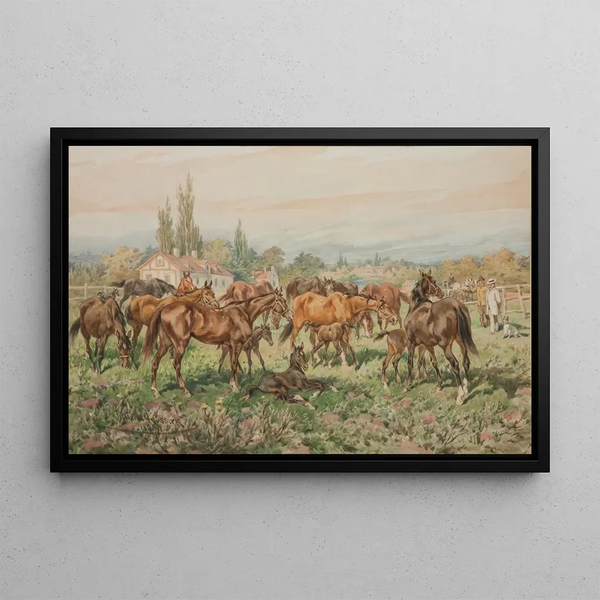 Stallion in a meadow - Juliusz Kossak — framed artwork on a wall