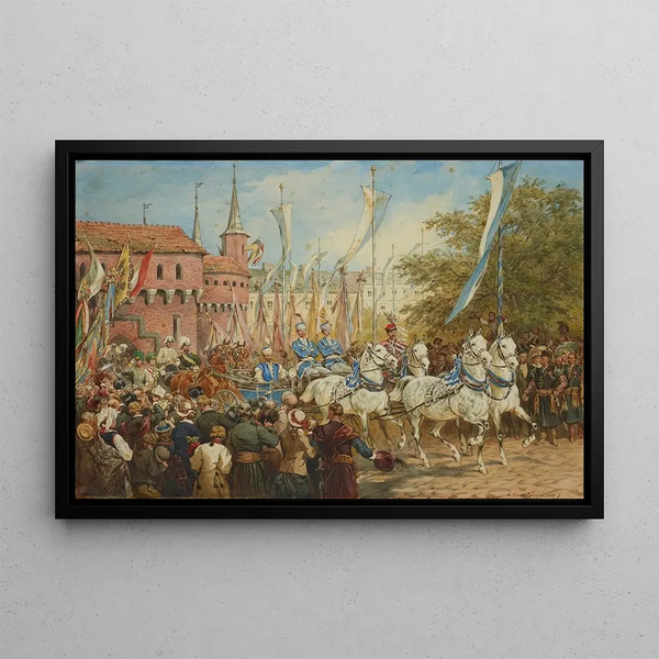 The Emperor entering Kraków - Juliusz Kossak — framed artwork on a wall