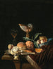 a Nautilus cup, a WanLi Kraak porcelain bowl with mixed fruits, a silver tray, and a wine glass on a stone table with a velvet cover - Juriaen van Streeck — artwork view