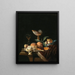 a Nautilus cup, a WanLi Kraak porcelain bowl with mixed fruits, a silver tray, and a wine glass on a stone table with a velvet cover - Juriaen van Streeck — framed artwork on a wall