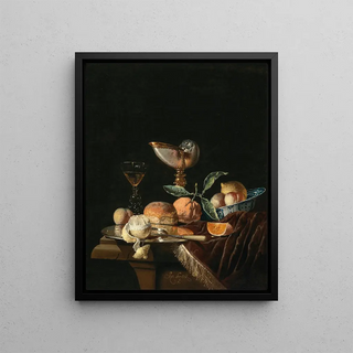 Juriaen van Streeck - A Nautilus cup a WanLi Kraak porcelain bowl with mixed fruit a silver salver and a glass of wine on a stone table with a velvet cover.webp
