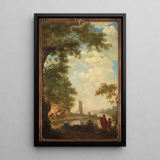 Landscape painting with figures by a riverbank - Jurriaan Andriessen — framed artwork on a wall