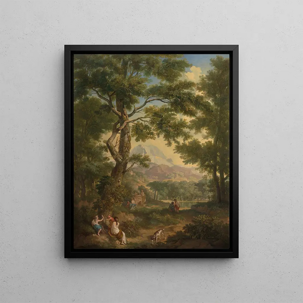 Landscape painting with children in the foreground to the left with a bird and a dog - Jurriaan Andriessen — framed artwork on a wall