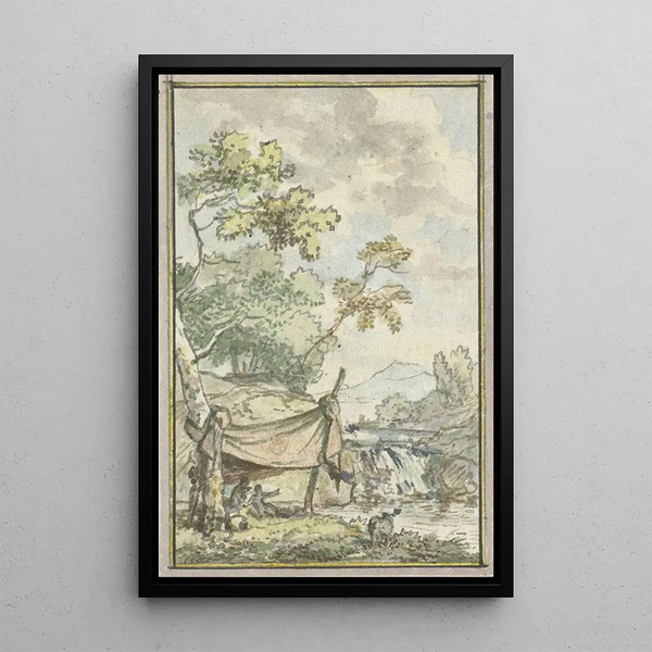 Landscape painting with waterfall - Jurriaan Andriessen — framed artwork on a wall