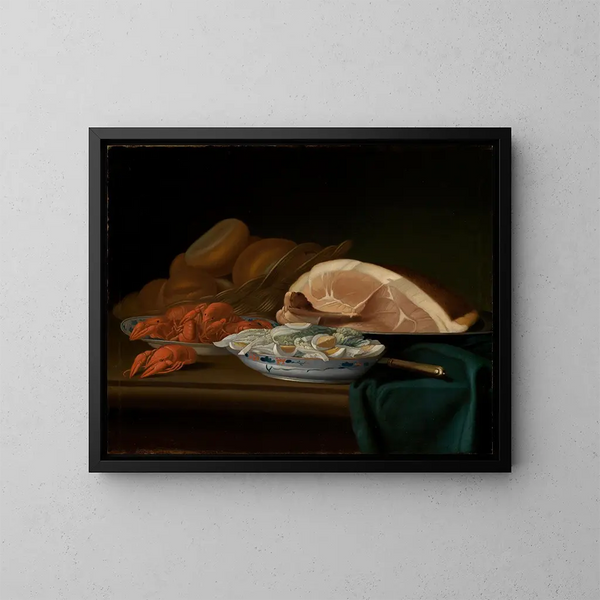 Still life with breakfast featuring ham, crabs, and eggs - Justus Juncker — framed artwork on a wall