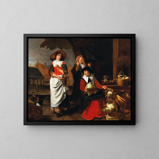 a village square with an old woman selling vegetables at a market stall - Justus de Gelder — framed artwork on a wall
