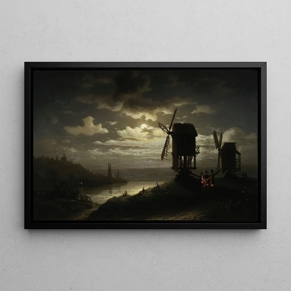 Night landscape painting with windmills - Józef Marszewski — framed artwork on a wall