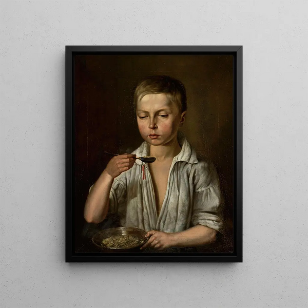 Boy having breakfast - Józef Simmler — framed artwork on a wall