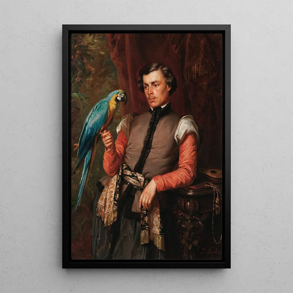 Gentleman with a Parrot - Józef Simmler — framed artwork on a wall