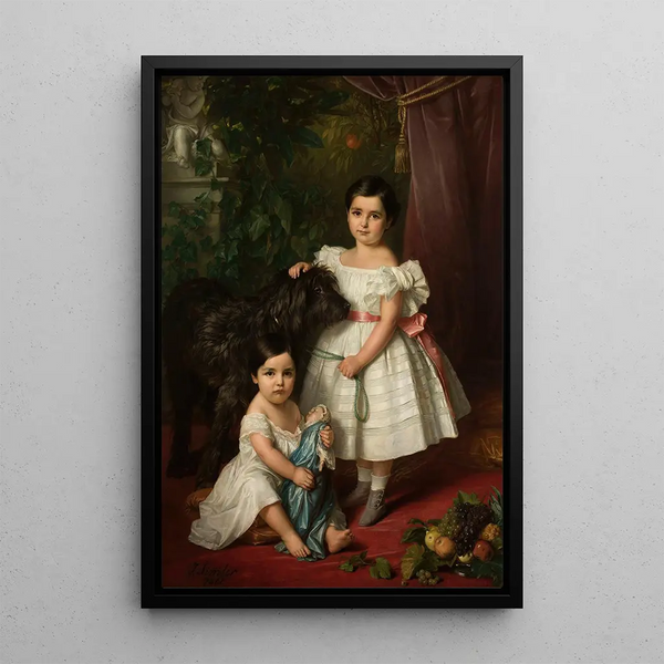 Portrait painting of Maria Ra Kronenberg and Ra Maria Karolina Kronenberg with a dog - Józef Simmler — framed artwork on a wall