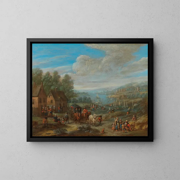 a river landscape with a village and travelers - Karel Breydel — framed artwork on a wall