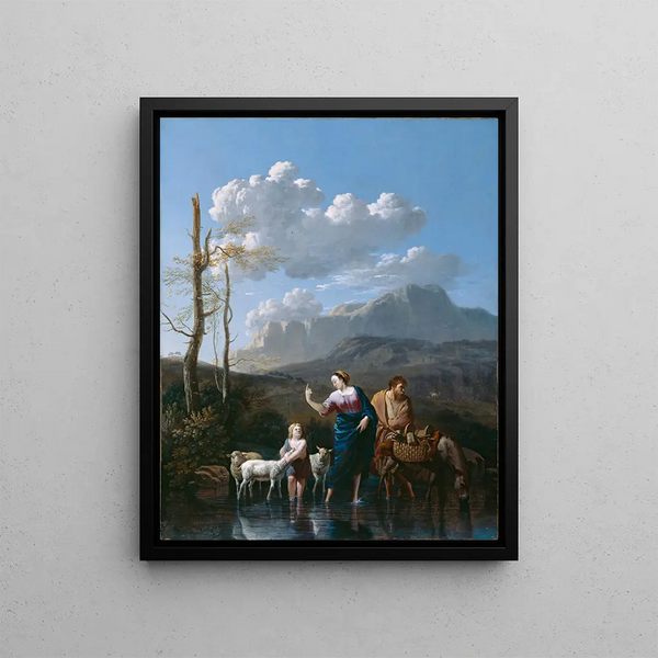 Return of the Holy Family from Egypt - Karel Dujardin — framed artwork on a wall