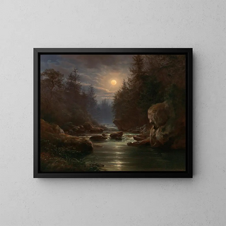 Night landscape painting, motif of the Grund de Langhermsdorf in Saxon Switzerland - Karl Christian Sparmann — framed artwork on a wall
