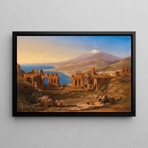 View of the ruins of the ancient theater of Taormina, Sicily - Karl Christian Sparmann — framed artwork on a wall