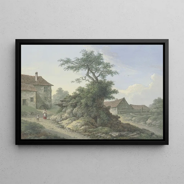 a Farm in the middle of a tree on a cellar ruin - Karl Franz Kraul — framed artwork on a wall