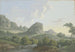 Mountainous landscape painting with a high rock in the middle, two men resting near a forest stream - Karl Franz Kraul — artwork view