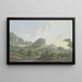 Mountainous landscape painting with a high rock in the middle, two men resting near a forest stream - Karl Franz Kraul — framed artwork on a wall