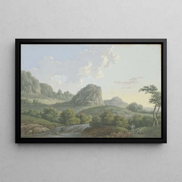 Mountainous landscape painting with a high rock in the middle, two men resting near a forest stream - Karl Franz Kraul — framed artwork on a wall