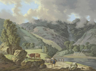 Mountain landscape painting with a waterfall and meadows in the foreground - Karl Franz Kraul — artwork view