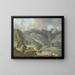 Mountain landscape painting with a waterfall and meadows in the foreground - Karl Franz Kraul — framed artwork on a wall