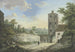 Italian imaginary landscape painting with a tower and an exit door on the left at the height of a temple in front of a pilgrim - Karl Franz Kraul — artwork view