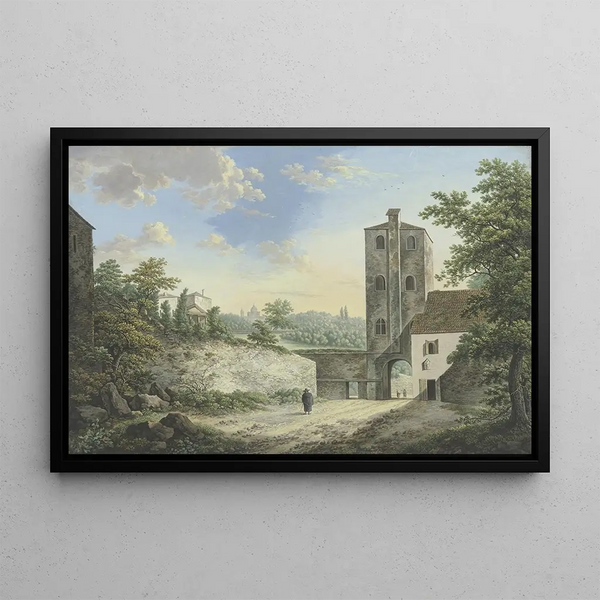 Italian imaginary landscape painting with a tower and an exit door on the left at the height of a temple in front of a pilgrim - Karl Franz Kraul — framed artwork on a wall
