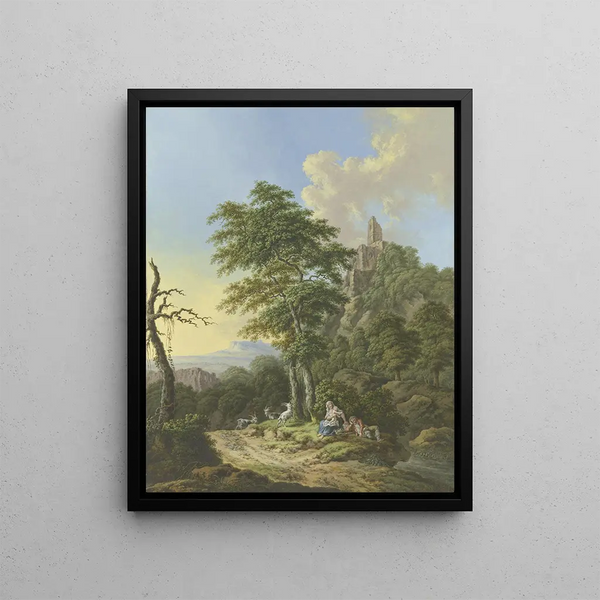 Mountain landscape rich with stream and forest - Karl Franz Kraul — framed artwork on a wall
