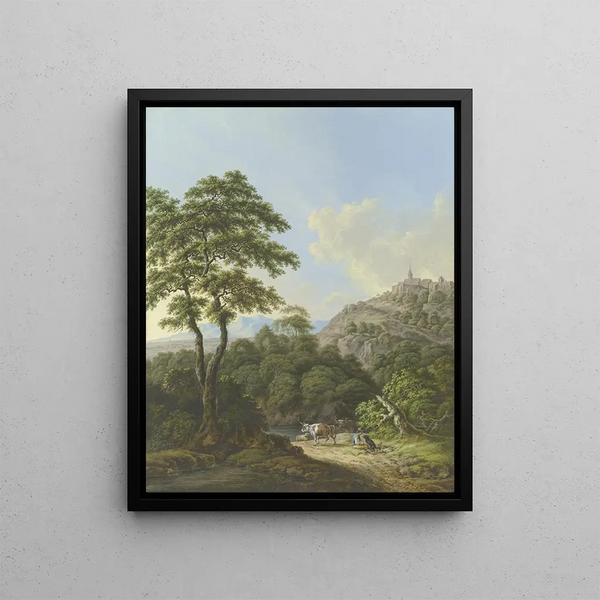 Rich Landscape with Water and Forest - Karl Franz Kraul — framed artwork on a wall
