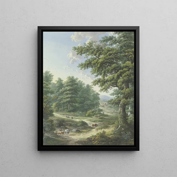 a fenced pasture in the forest with a cattle waterer in the foreground - Karl Franz Kraul — framed artwork on a wall