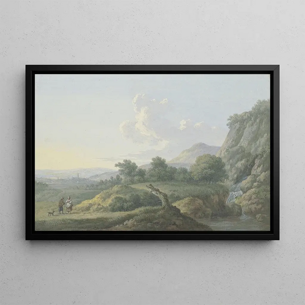 Landscape of foothills with view of a small town - Karl Franz Kraul — framed artwork on a wall