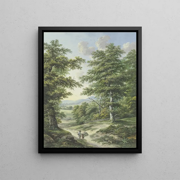 Exit from the forest with a view of the cornfields and a village - Karl Franz Kraul — framed artwork on a wall