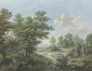 Exit from the forest on the right, the ruin of a chapel in which a rider is entering. - Karl Franz Kraul — artwork view