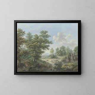 Exit from the forest on the right, the ruin of a chapel in which a rider is entering. - Karl Franz Kraul — framed artwork on a wall