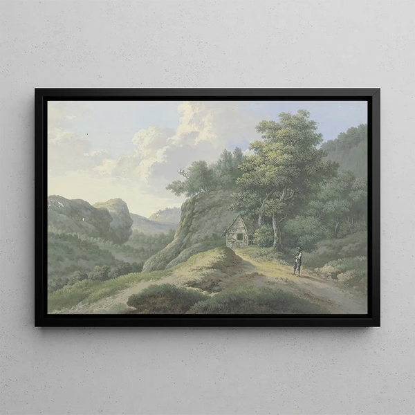 Mountainous wooded landscape with a view of a valley - Karl Franz Kraul — framed artwork on a wall