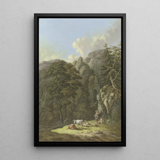 Mountainous wooded landscape painting with an old door and a herd of cattle in a clearing - Karl Franz Kraul — framed artwork on a wall