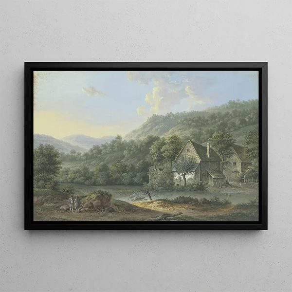 Valley wooded with a stream on the right, two farms - Karl Franz Kraul — framed artwork on a wall