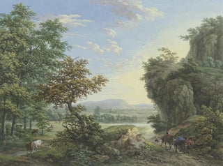 Prairie au bord de l'eau et forêt avec de hautes falaises à droite - Karl Franz Kraul — artwork view