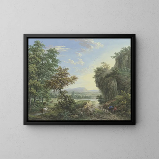 Prairie au bord de l'eau et forêt avec de hautes falaises à droite - Karl Franz Kraul — framed artwork on a wall