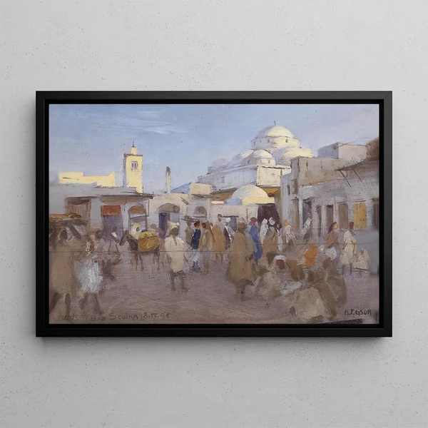 Street Scene Painting in the Heart of Tunis - Karl Friedrich Gsur — framed artwork on a wall