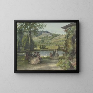 Landscape of park with pond and swans - Karl Friedrich Johann von Müller — framed artwork on a wall
