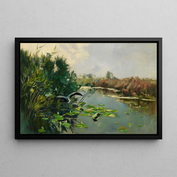 Héron cendré s'envolant au bord de la Havel - Karl Hagemeister — framed artwork on a wall