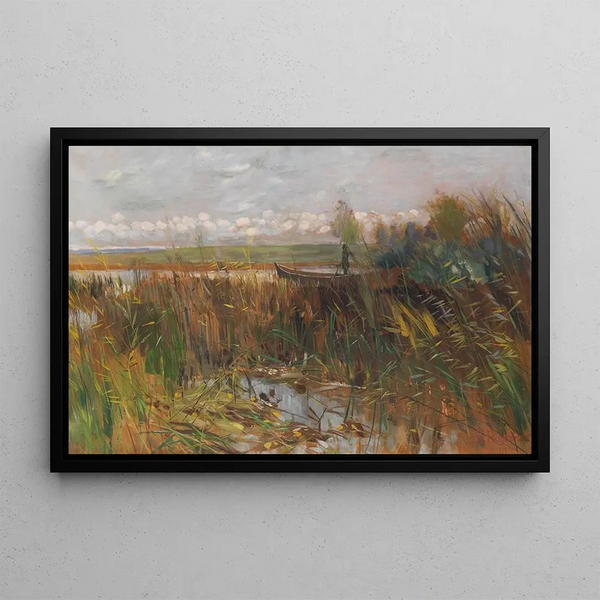 Landscape lake scene of Marche with standing duck hunter in a boat - Karl Hagemeister — framed artwork on a wall